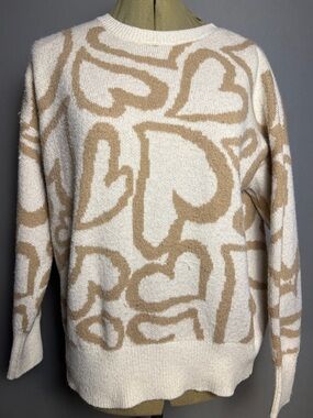 Altar'd State Cream and Tan Heart-Print Crewneck Sweater